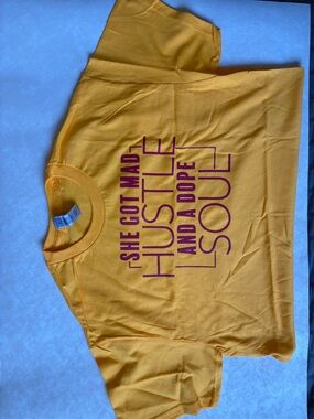 Gildan Yellow Short-Sleeve Graphic Tee with Magenta Text